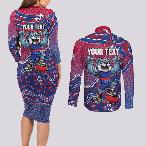 Personalized Western Bulldogs Football Mascot Couples Matching Long Sleeve Bodycon Dress and Long Sleeve Button Shirt Aboriginal Dot Art Style Vibrant Indigenous Pattern Design
