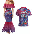 Personalized Western Bulldogs Football Mascot Couples Matching Mermaid Dress and Hawaiian Shirt Aboriginal Dot Art Style Vibrant Indigenous Pattern Design