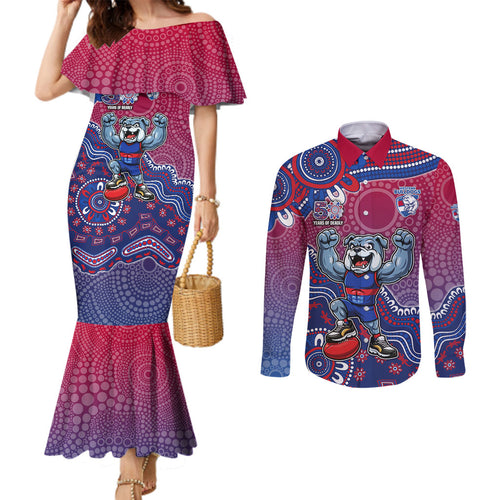 Personalized Western Bulldogs Football Mascot Couples Matching Mermaid Dress and Long Sleeve Button Shirt Aboriginal Dot Art Style Vibrant Indigenous Pattern Design