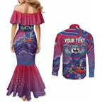Personalized Western Bulldogs Football Mascot Couples Matching Mermaid Dress and Long Sleeve Button Shirt Aboriginal Dot Art Style Vibrant Indigenous Pattern Design