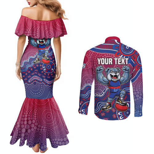 Personalized Western Bulldogs Football Mascot Couples Matching Mermaid Dress and Long Sleeve Button Shirt Aboriginal Dot Art Style Vibrant Indigenous Pattern Design