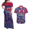 Personalized Western Bulldogs Football Mascot Couples Matching Off Shoulder Maxi Dress and Hawaiian Shirt Aboriginal Dot Art Style Vibrant Indigenous Pattern Design