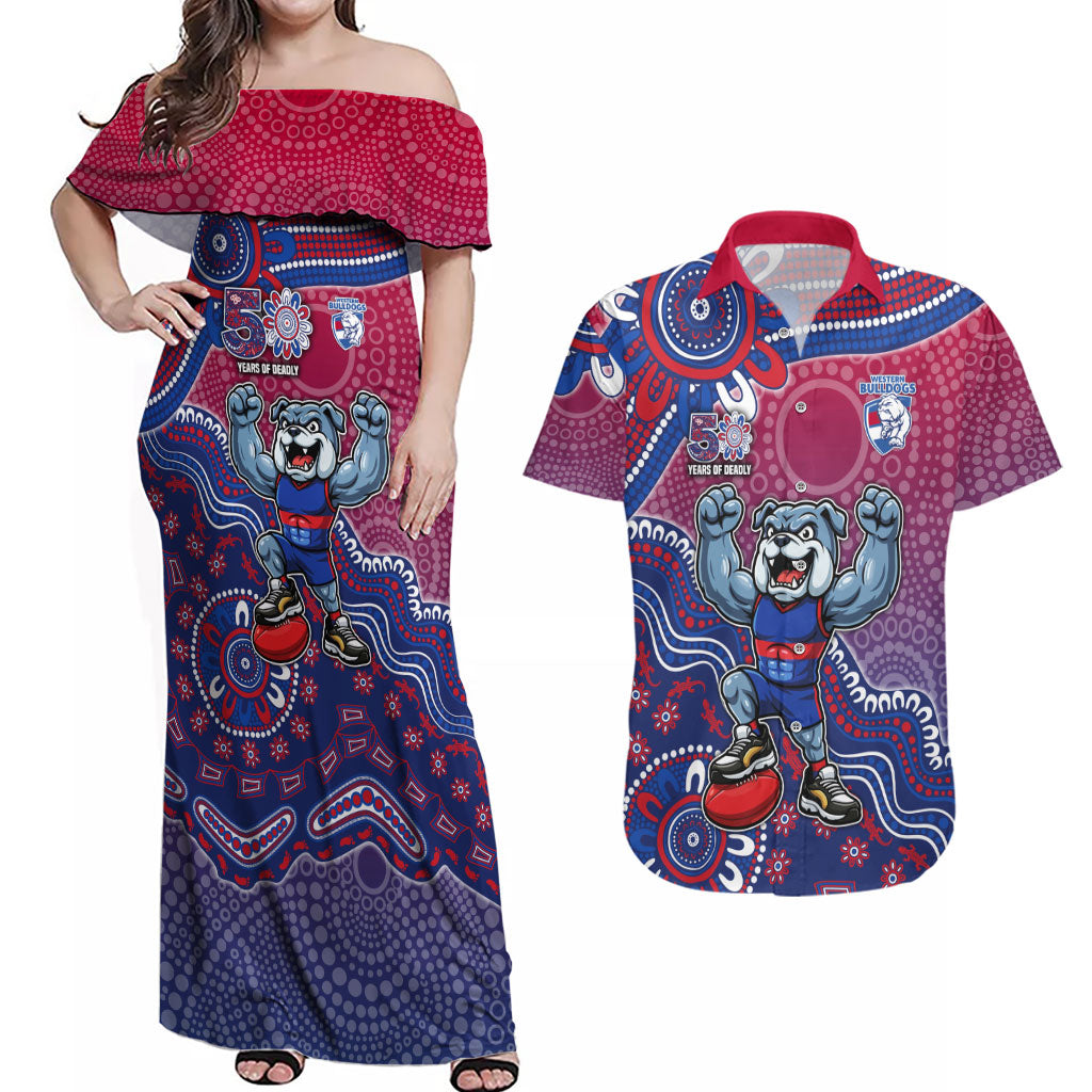 Personalized Western Bulldogs Football Mascot Couples Matching Off Shoulder Maxi Dress and Hawaiian Shirt Aboriginal Dot Art Style Vibrant Indigenous Pattern Design