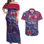 Personalized Western Bulldogs Football Mascot Couples Matching Off Shoulder Maxi Dress and Hawaiian Shirt Aboriginal Dot Art Style Vibrant Indigenous Pattern Design