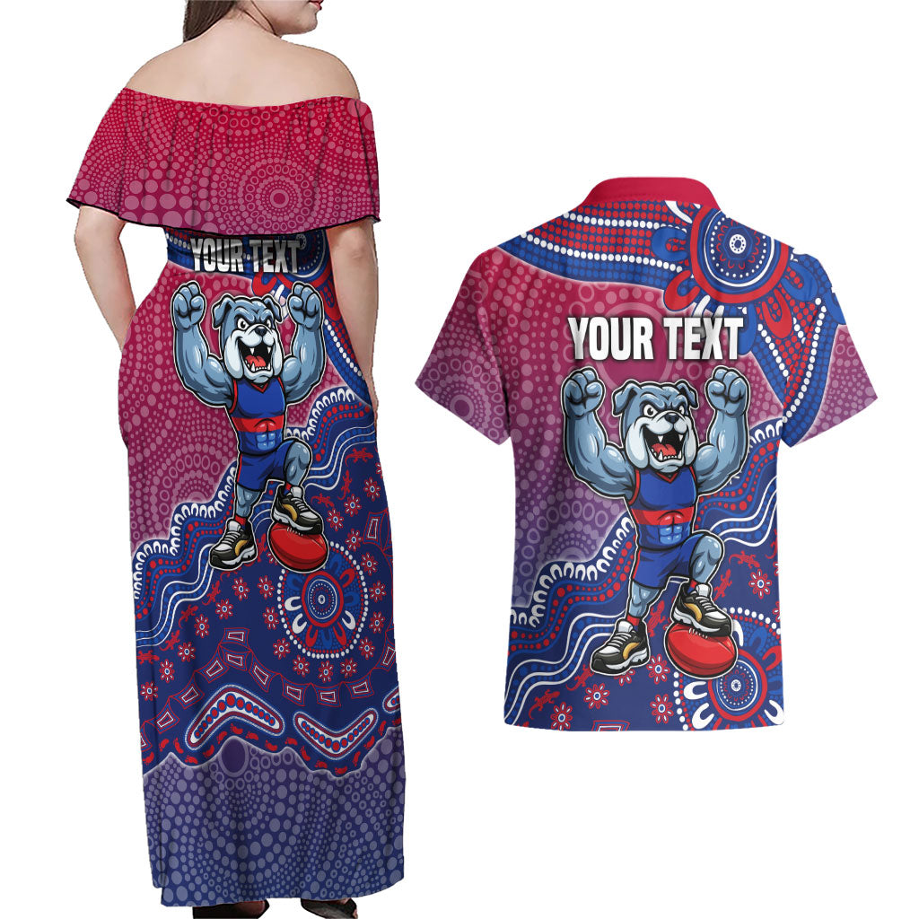 Personalized Western Bulldogs Football Mascot Couples Matching Off Shoulder Maxi Dress and Hawaiian Shirt Aboriginal Dot Art Style Vibrant Indigenous Pattern Design