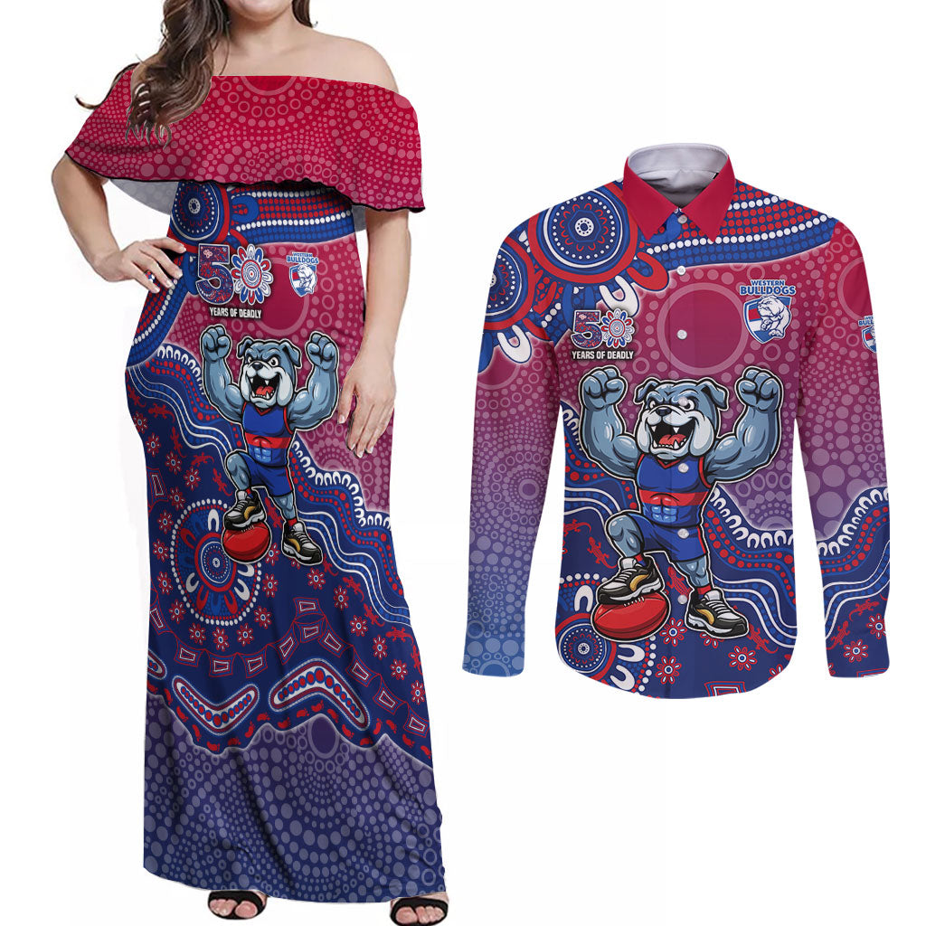 Personalized Western Bulldogs Football Mascot Couples Matching Off Shoulder Maxi Dress and Long Sleeve Button Shirt Aboriginal Dot Art Style Vibrant Indigenous Pattern Design