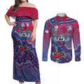 Personalized Western Bulldogs Football Mascot Couples Matching Off Shoulder Maxi Dress and Long Sleeve Button Shirt Aboriginal Dot Art Style Vibrant Indigenous Pattern Design