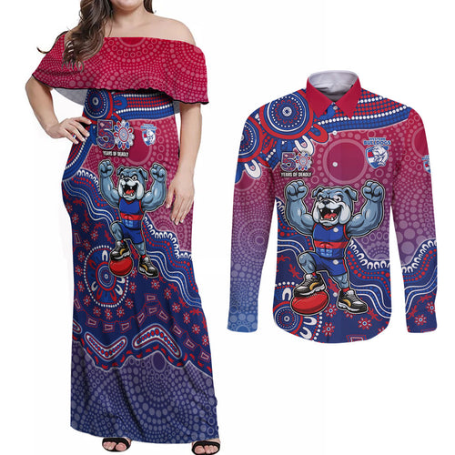 Personalized Western Bulldogs Football Mascot Couples Matching Off Shoulder Maxi Dress and Long Sleeve Button Shirt Aboriginal Dot Art Style Vibrant Indigenous Pattern Design