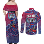 Personalized Western Bulldogs Football Mascot Couples Matching Off Shoulder Maxi Dress and Long Sleeve Button Shirt Aboriginal Dot Art Style Vibrant Indigenous Pattern Design