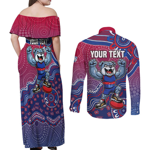 Personalized Western Bulldogs Football Mascot Couples Matching Off Shoulder Maxi Dress and Long Sleeve Button Shirt Aboriginal Dot Art Style Vibrant Indigenous Pattern Design