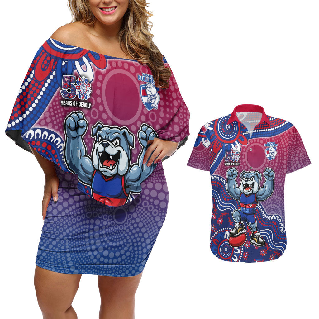 Personalized Western Bulldogs Football Mascot Couples Matching Off Shoulder Short Dress and Hawaiian Shirt Aboriginal Dot Art Style Vibrant Indigenous Pattern Design