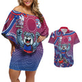 Personalized Western Bulldogs Football Mascot Couples Matching Off Shoulder Short Dress and Hawaiian Shirt Aboriginal Dot Art Style Vibrant Indigenous Pattern Design