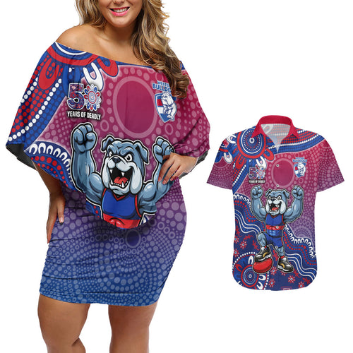 Personalized Western Bulldogs Football Mascot Couples Matching Off Shoulder Short Dress and Hawaiian Shirt Aboriginal Dot Art Style Vibrant Indigenous Pattern Design