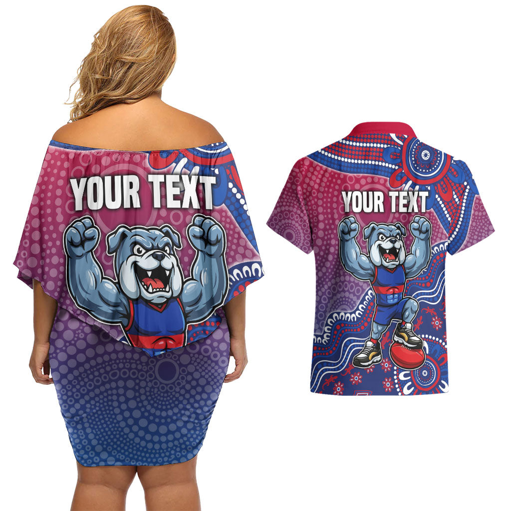 Personalized Western Bulldogs Football Mascot Couples Matching Off Shoulder Short Dress and Hawaiian Shirt Aboriginal Dot Art Style Vibrant Indigenous Pattern Design