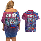 Personalized Western Bulldogs Football Mascot Couples Matching Off Shoulder Short Dress and Hawaiian Shirt Aboriginal Dot Art Style Vibrant Indigenous Pattern Design