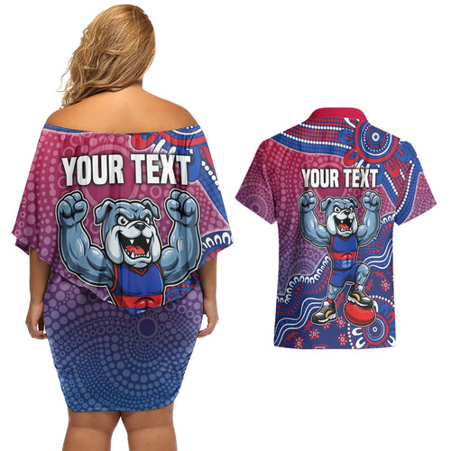 Personalized Western Bulldogs Football Mascot Couples Matching Off Shoulder Short Dress and Hawaiian Shirt Aboriginal Dot Art Style Vibrant Indigenous Pattern Design