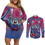 Personalized Western Bulldogs Football Mascot Couples Matching Off Shoulder Short Dress and Long Sleeve Button Shirt Aboriginal Dot Art Style Vibrant Indigenous Pattern Design