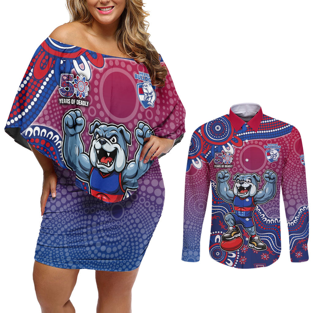 Personalized Western Bulldogs Football Mascot Couples Matching Off Shoulder Short Dress and Long Sleeve Button Shirt Aboriginal Dot Art Style Vibrant Indigenous Pattern Design