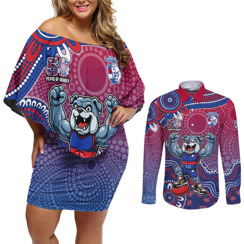 Personalized Western Bulldogs Football Mascot Couples Matching Off Shoulder Short Dress and Long Sleeve Button Shirt Aboriginal Dot Art Style Vibrant Indigenous Pattern Design