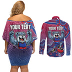 Personalized Western Bulldogs Football Mascot Couples Matching Off Shoulder Short Dress and Long Sleeve Button Shirt Aboriginal Dot Art Style Vibrant Indigenous Pattern Design