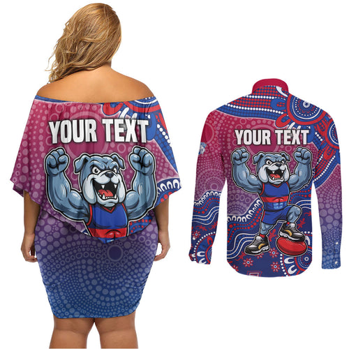 Personalized Western Bulldogs Football Mascot Couples Matching Off Shoulder Short Dress and Long Sleeve Button Shirt Aboriginal Dot Art Style Vibrant Indigenous Pattern Design