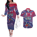 Personalized Western Bulldogs Football Mascot Couples Matching Off The Shoulder Long Sleeve Dress and Hawaiian Shirt Aboriginal Dot Art Style Vibrant Indigenous Pattern Design