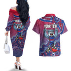 Personalized Western Bulldogs Football Mascot Couples Matching Off The Shoulder Long Sleeve Dress and Hawaiian Shirt Aboriginal Dot Art Style Vibrant Indigenous Pattern Design