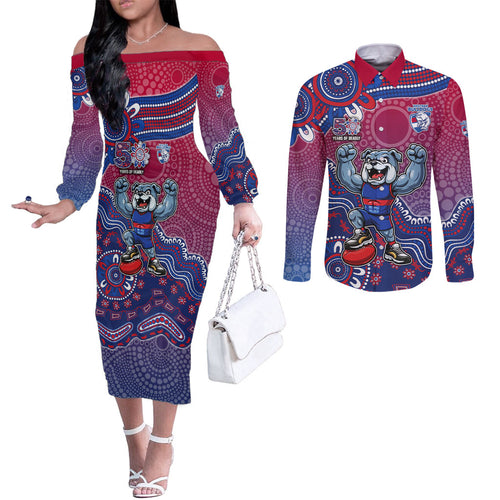Personalized Western Bulldogs Football Mascot Couples Matching Off The Shoulder Long Sleeve Dress and Long Sleeve Button Shirt Aboriginal Dot Art Style Vibrant Indigenous Pattern Design