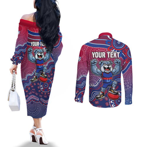Personalized Western Bulldogs Football Mascot Couples Matching Off The Shoulder Long Sleeve Dress and Long Sleeve Button Shirt Aboriginal Dot Art Style Vibrant Indigenous Pattern Design