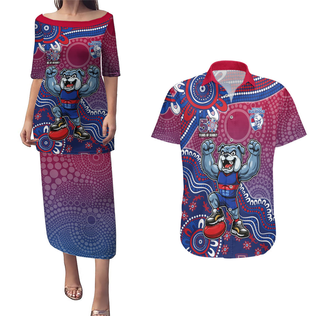 Personalized Western Bulldogs Football Mascot Couples Matching Puletasi and Hawaiian Shirt Aboriginal Dot Art Style Vibrant Indigenous Pattern Design