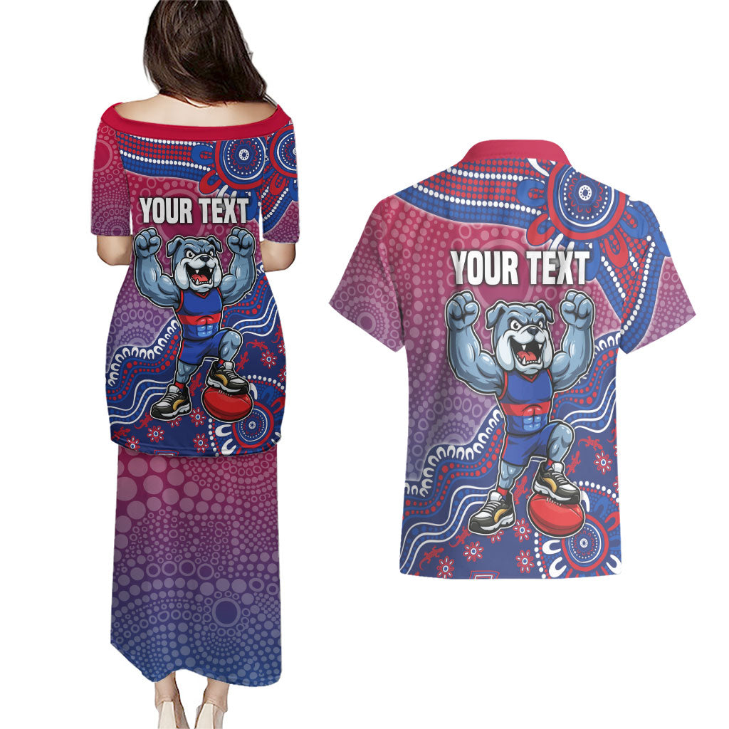 Personalized Western Bulldogs Football Mascot Couples Matching Puletasi and Hawaiian Shirt Aboriginal Dot Art Style Vibrant Indigenous Pattern Design
