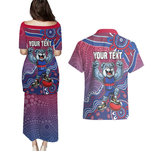 Personalized Western Bulldogs Football Mascot Couples Matching Puletasi and Hawaiian Shirt Aboriginal Dot Art Style Vibrant Indigenous Pattern Design