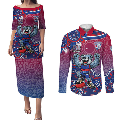 Personalized Western Bulldogs Football Mascot Couples Matching Puletasi and Long Sleeve Button Shirt Aboriginal Dot Art Style Vibrant Indigenous Pattern Design