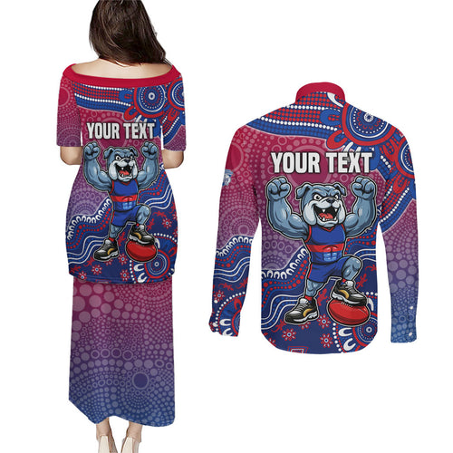 Personalized Western Bulldogs Football Mascot Couples Matching Puletasi and Long Sleeve Button Shirt Aboriginal Dot Art Style Vibrant Indigenous Pattern Design