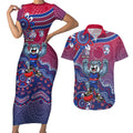 Personalized Western Bulldogs Football Mascot Couples Matching Short Sleeve Bodycon Dress and Hawaiian Shirt Aboriginal Dot Art Style Vibrant Indigenous Pattern Design