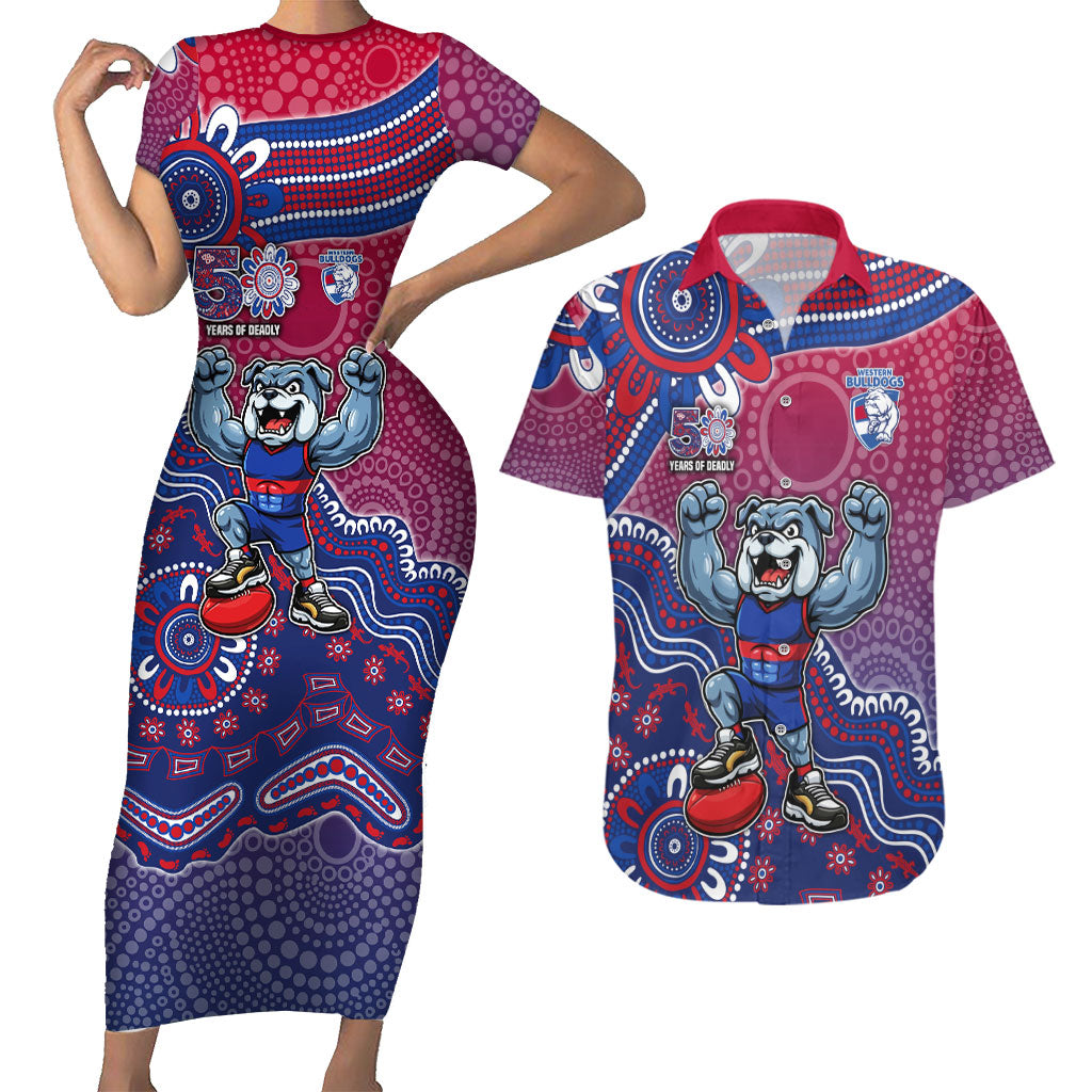 Personalized Western Bulldogs Football Mascot Couples Matching Short Sleeve Bodycon Dress and Hawaiian Shirt Aboriginal Dot Art Style Vibrant Indigenous Pattern Design