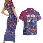 Personalized Western Bulldogs Football Mascot Couples Matching Short Sleeve Bodycon Dress and Hawaiian Shirt Aboriginal Dot Art Style Vibrant Indigenous Pattern Design