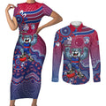 Personalized Western Bulldogs Football Mascot Couples Matching Short Sleeve Bodycon Dress and Long Sleeve Button Shirt Aboriginal Dot Art Style Vibrant Indigenous Pattern Design