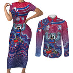 Personalized Western Bulldogs Football Mascot Couples Matching Short Sleeve Bodycon Dress and Long Sleeve Button Shirt Aboriginal Dot Art Style Vibrant Indigenous Pattern Design