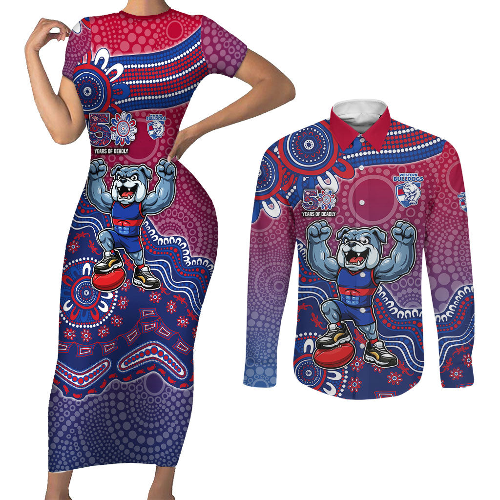 Personalized Western Bulldogs Football Mascot Couples Matching Short Sleeve Bodycon Dress and Long Sleeve Button Shirt Aboriginal Dot Art Style Vibrant Indigenous Pattern Design