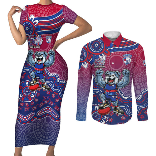 Personalized Western Bulldogs Football Mascot Couples Matching Short Sleeve Bodycon Dress and Long Sleeve Button Shirt Aboriginal Dot Art Style Vibrant Indigenous Pattern Design