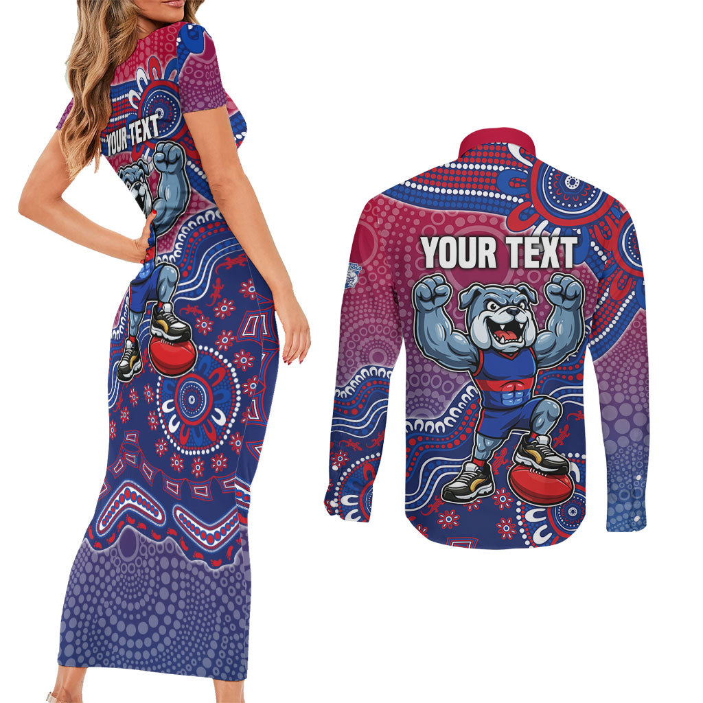 Personalized Western Bulldogs Football Mascot Couples Matching Short Sleeve Bodycon Dress and Long Sleeve Button Shirt Aboriginal Dot Art Style Vibrant Indigenous Pattern Design