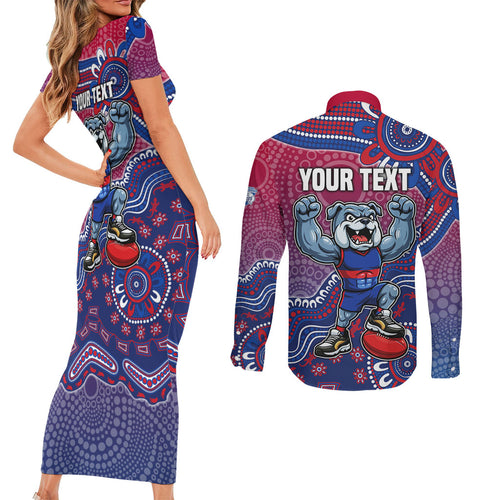 Personalized Western Bulldogs Football Mascot Couples Matching Short Sleeve Bodycon Dress and Long Sleeve Button Shirt Aboriginal Dot Art Style Vibrant Indigenous Pattern Design