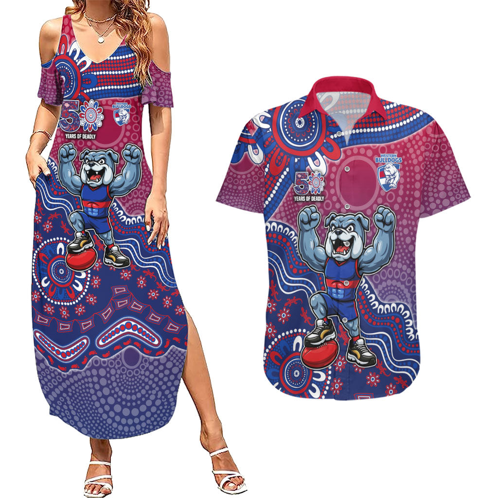 Personalized Western Bulldogs Football Mascot Couples Matching Summer Maxi Dress and Hawaiian Shirt Aboriginal Dot Art Style Vibrant Indigenous Pattern Design