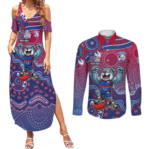Personalized Western Bulldogs Football Mascot Couples Matching Summer Maxi Dress and Long Sleeve Button Shirt Aboriginal Dot Art Style Vibrant Indigenous Pattern Design