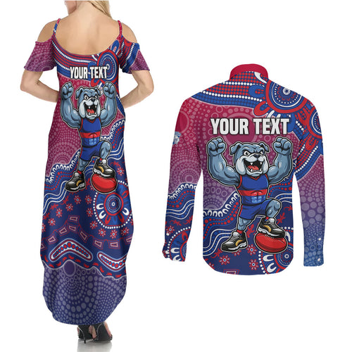 Personalized Western Bulldogs Football Mascot Couples Matching Summer Maxi Dress and Long Sleeve Button Shirt Aboriginal Dot Art Style Vibrant Indigenous Pattern Design