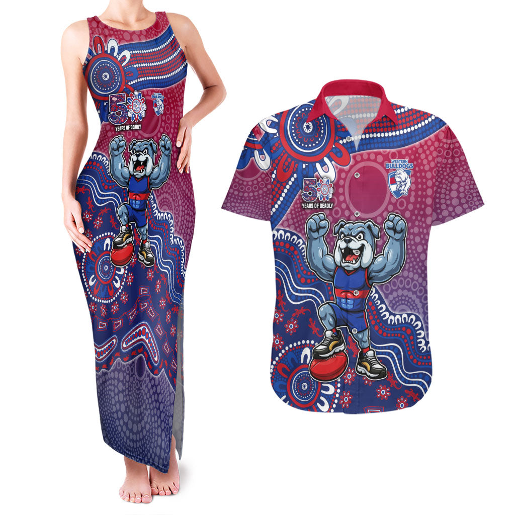 Personalized Western Bulldogs Football Mascot Couples Matching Tank Maxi Dress and Hawaiian Shirt Aboriginal Dot Art Style Vibrant Indigenous Pattern Design