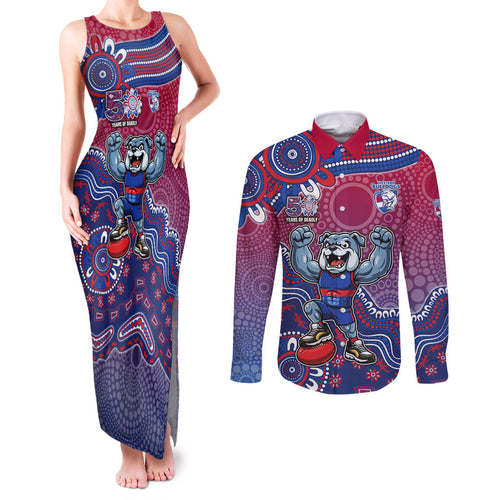 Personalized Western Bulldogs Football Mascot Couples Matching Tank Maxi Dress and Long Sleeve Button Shirt Aboriginal Dot Art Style Vibrant Indigenous Pattern Design