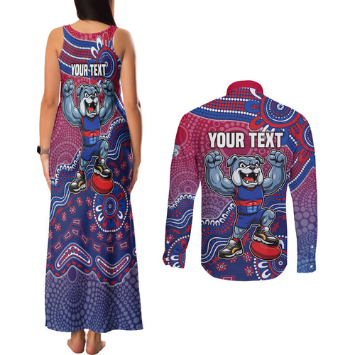 Personalized Western Bulldogs Football Mascot Couples Matching Tank Maxi Dress and Long Sleeve Button Shirt Aboriginal Dot Art Style Vibrant Indigenous Pattern Design
