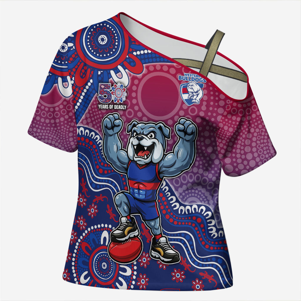 Personalized Western Bulldogs Football Mascot Cross Shoulder Shirt Aboriginal Dot Art Style Vibrant Indigenous Pattern Design
